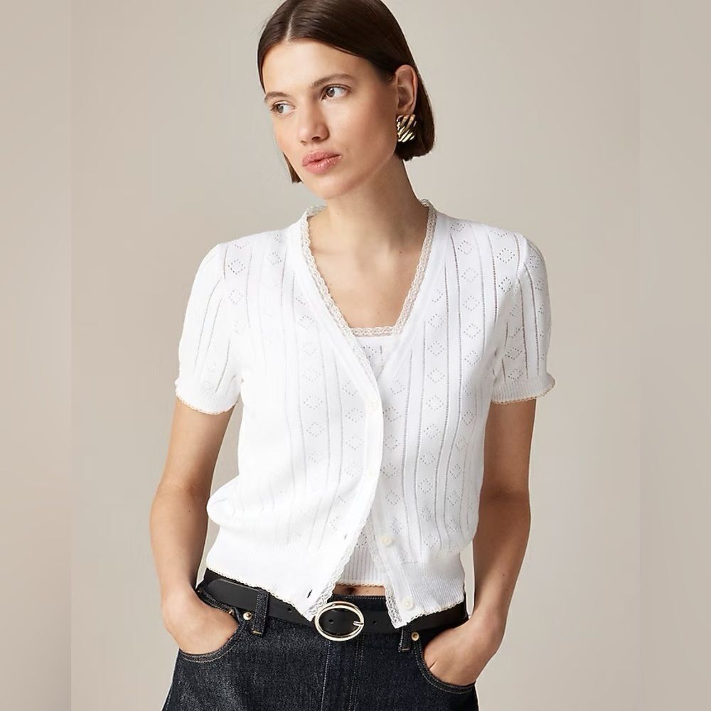 NWT J CREW Pointelle short-sleeve V-neck cardigan in premium ultra-fine cotton - Picture 3 of 7